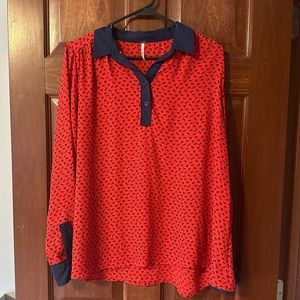 Free People Red Blue Horse Print Collared Flowy Blouse S